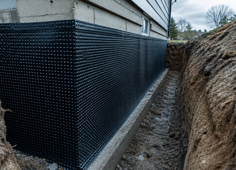 Exterior foundation wall coated with waterproof membrane before backfill